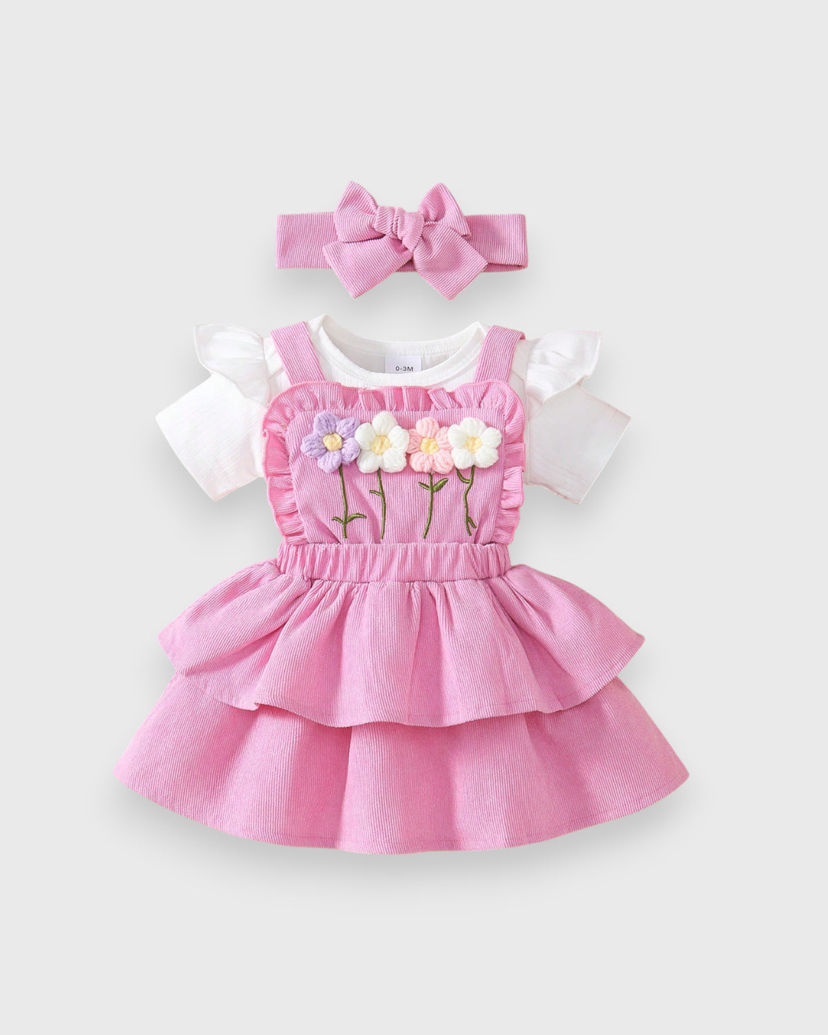 3 Pc Baby Girls 3D Floral Corduroy Dress Set