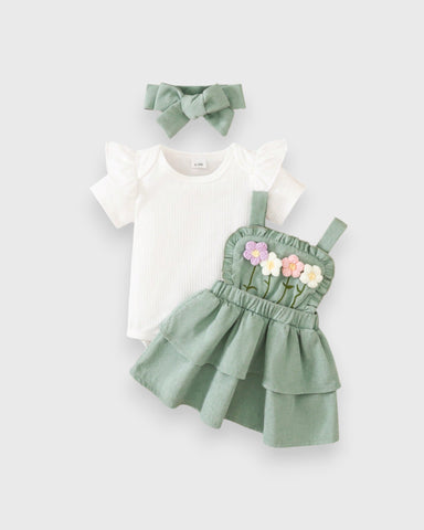 3 Pc Baby Girls 3D Floral Corduroy Dress Set