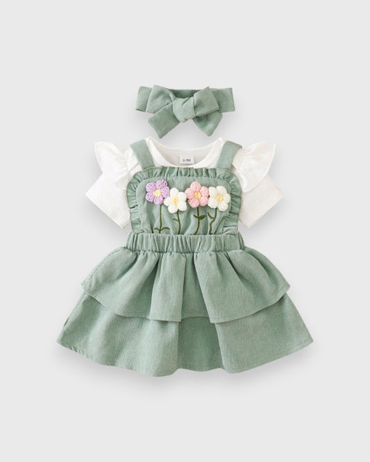 3 Pc Baby Girls 3D Floral Corduroy Dress Set