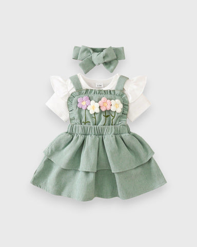 3 Pc Baby Girls 3D Floral Corduroy Dress Set