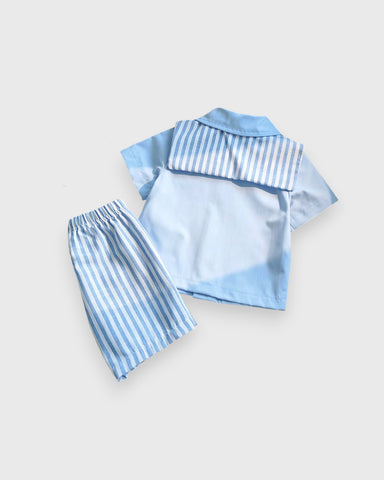 3 Pc Baby Boy Collar Shirt w/ Stripe Shorts & Shawl