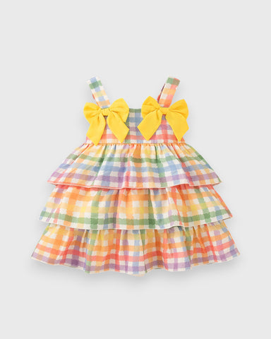 Baby Girl Rainbow Plaid Tiered Bow Dress