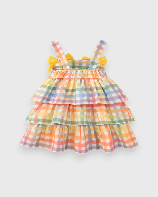 Baby Girl Rainbow Plaid Tiered Bow Dress