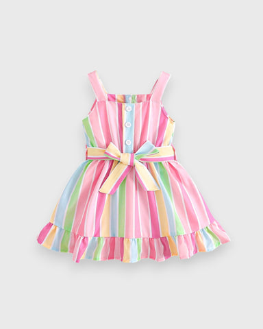 Baby Girl Rainbow Vertical Stripe Tie Dress