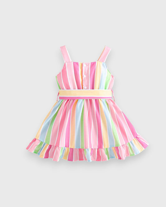 Baby Girl Rainbow Vertical Stripe Tie Dress