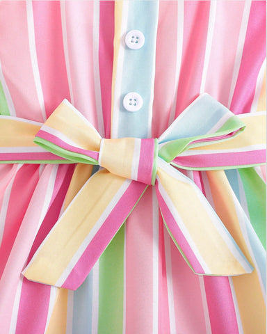 Baby Girl Rainbow Vertical Stripe Tie Dress