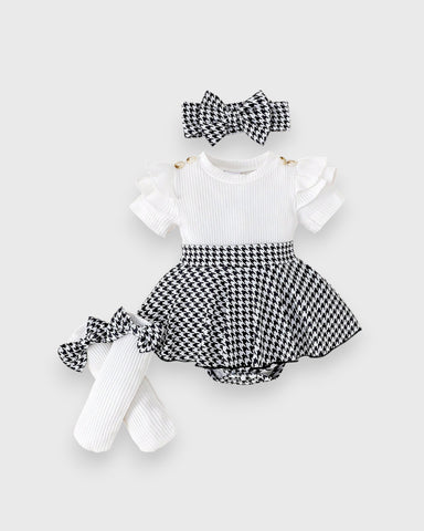 3 Pcs Baby Girl Short Sleeve Houndstooth Bodysuit Set
