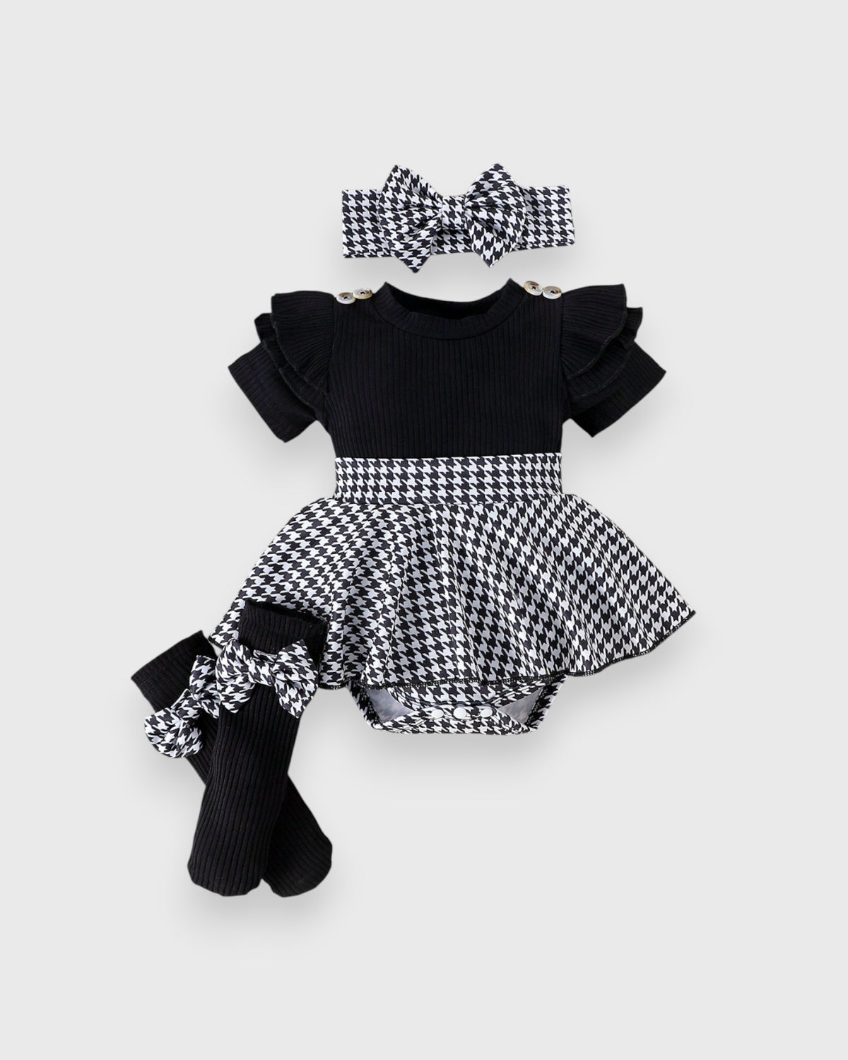 3 Pcs Baby Girl Short Sleeve Houndstooth Bodysuit Set