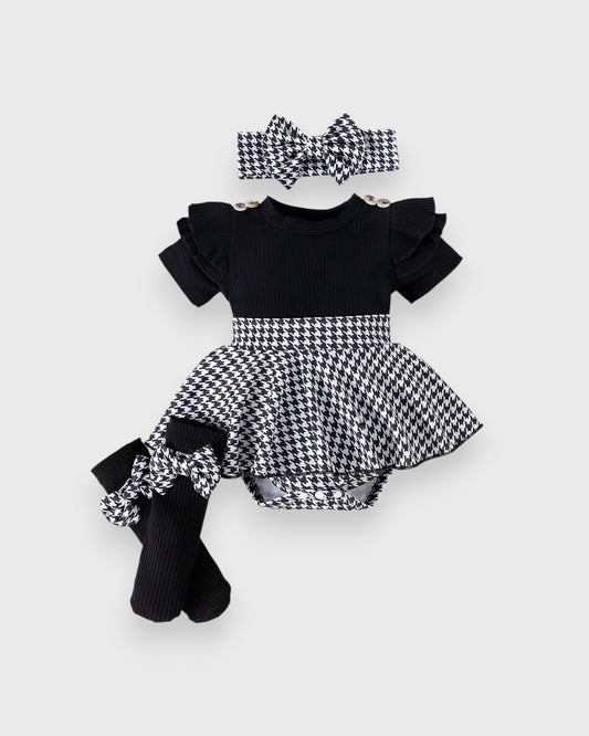 3 Pcs Baby Girl Short Sleeve Houndstooth Bodysuit Set