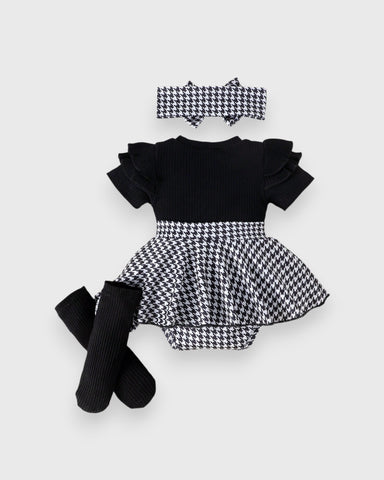3 Pcs Baby Girl Short Sleeve Houndstooth Bodysuit Set