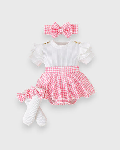3 Pcs Baby Girl Short Sleeve Houndstooth Bodysuit Set