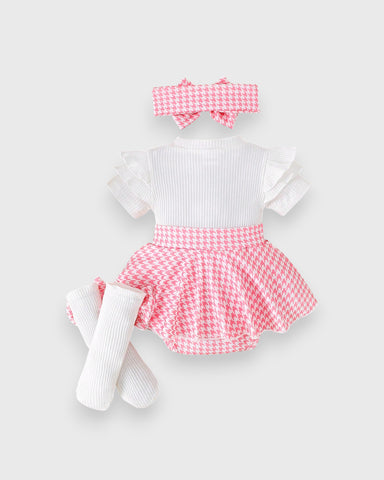 3 Pcs Baby Girl Short Sleeve Houndstooth Bodysuit Set