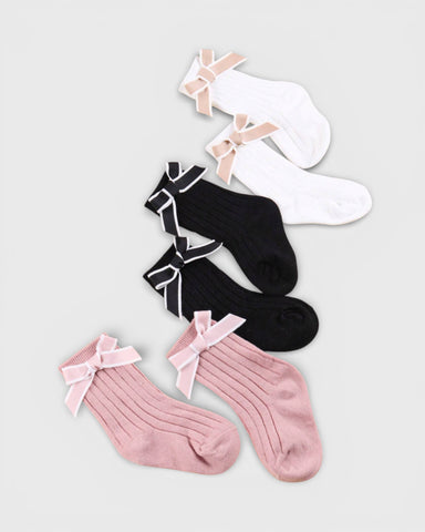 6 Pc Baby Girl Contrast Ribbon Socks and Bow Set