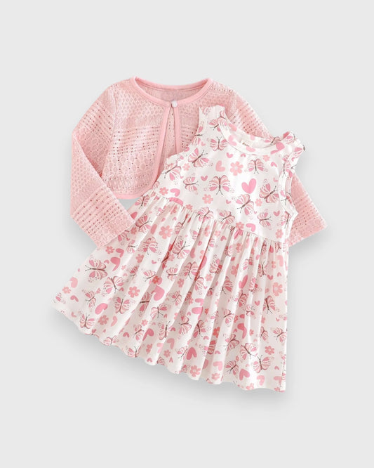 2 Pc Baby Girl Pointelle Cardigan Butterfly Dress
