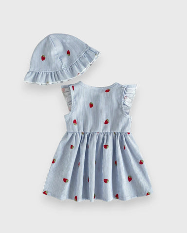 2 Pc Baby Girl Stripe Strawberry Dress w/ Bucket Hat