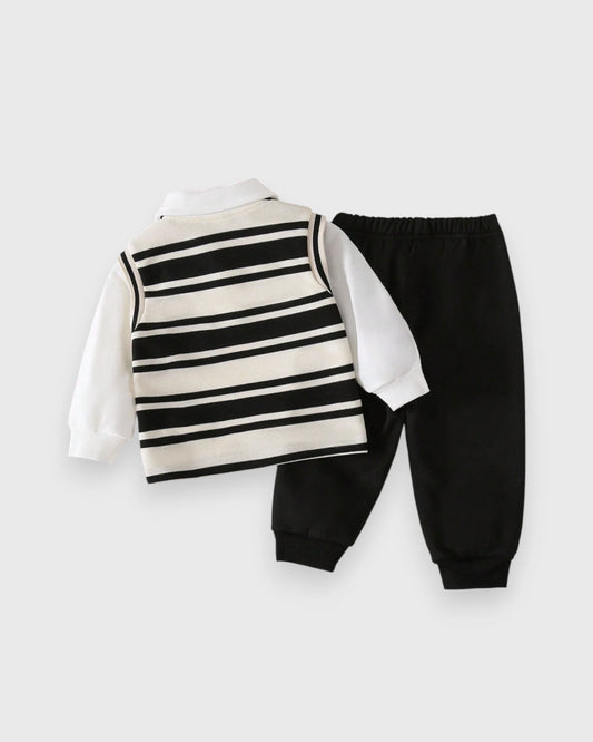 3 pc Baby Boy Bear Patch Stripe Vest, Shirt & Pant Set