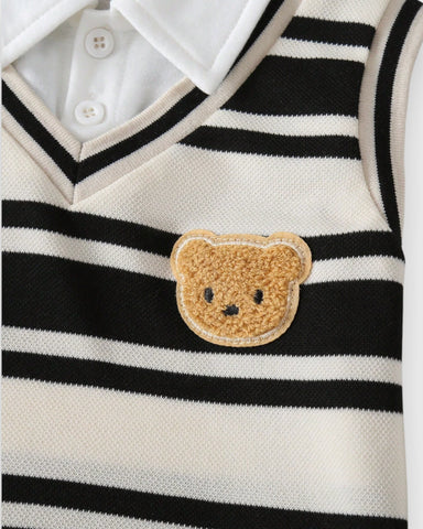 3 pc Baby Boy Bear Patch Stripe Vest, Shirt & Pant Set