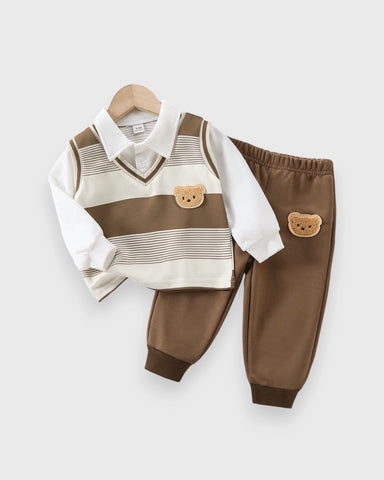 3 pc Baby Boy Bear Patch Stripe Vest, Shirt & Pant Set