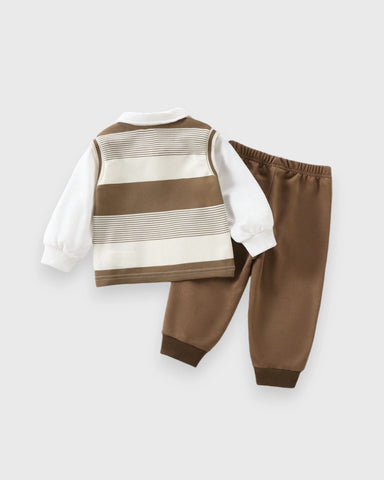 3 pc Baby Boy Bear Patch Stripe Vest, Shirt & Pant Set