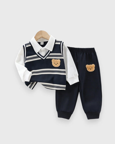 3 pc Baby Boy Bear Patch Stripe Vest, Shirt & Pant Set