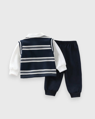 3 pc Baby Boy Bear Patch Stripe Vest, Shirt & Pant Set