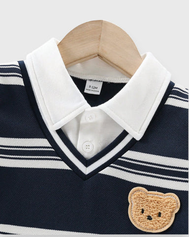 3 pc Baby Boy Bear Patch Stripe Vest, Shirt & Pant Set