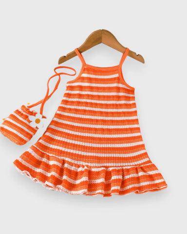 2 Pc Baby Girl Stripe Knit Flower Dress w/ Bag