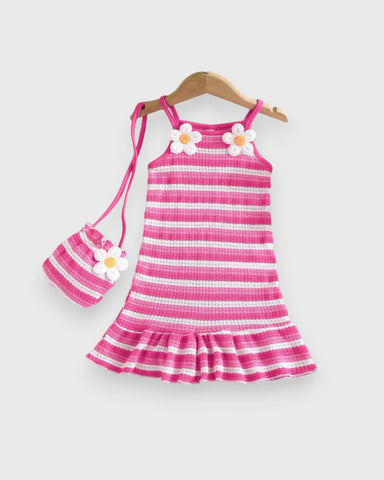 2 Pc Baby Girl Stripe Knit Flower Dress w/ Bag