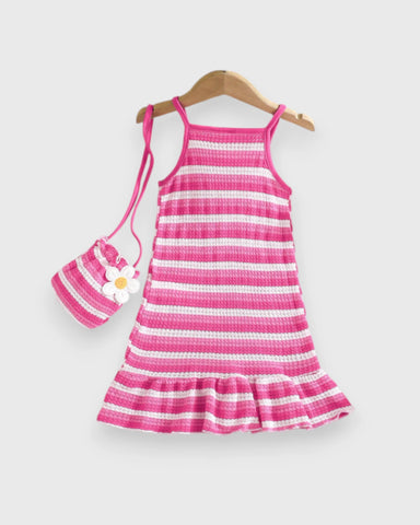 2 Pc Baby Girl Stripe Knit Flower Dress w/ Bag