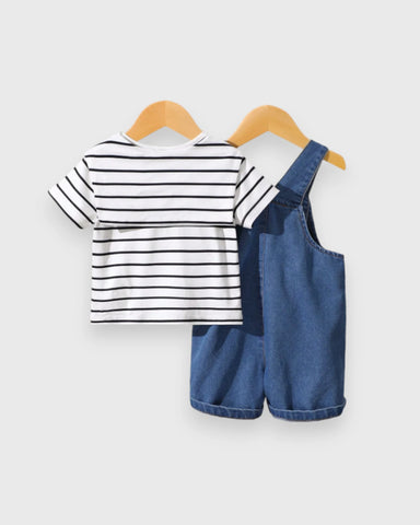 3 Pc Baby Boy Stripe Tee, Overall & Shawl Set