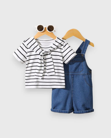 3 Pc Baby Boy Stripe Tee, Overall & Shawl Set