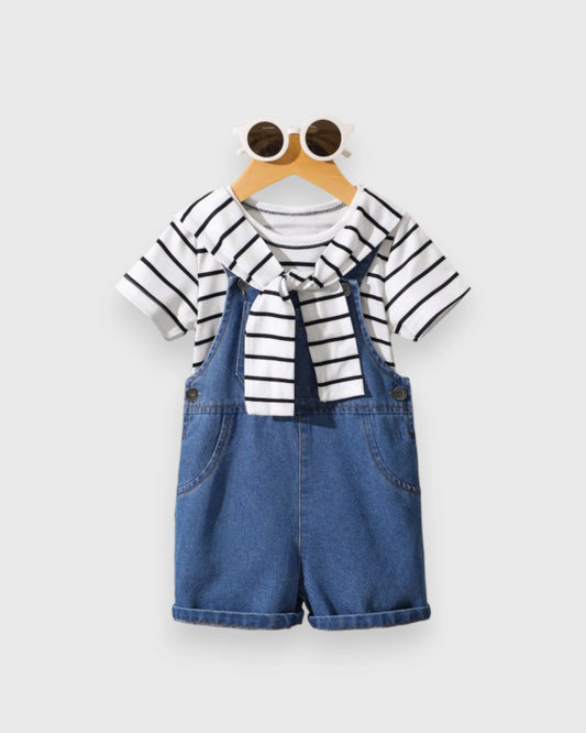3 Pc Baby Boy Stripe Tee, Overall & Shawl Set