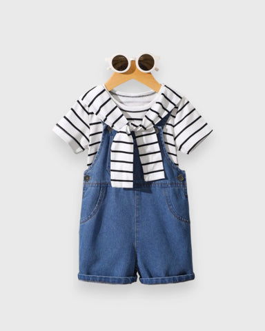 3 Pc Baby Boy Stripe Tee, Overall & Shawl Set