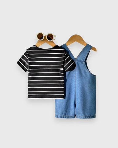 3 Pc Baby Boy Stripe Tee, Overall & Shawl Set