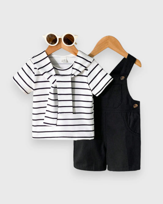 3 Pc Baby Boy Stripe Tee, Overall & Shawl Set