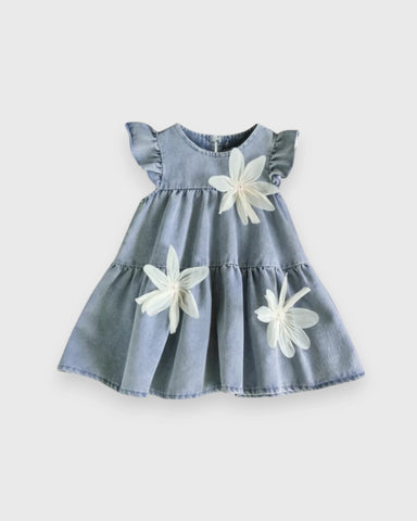 Baby Girl 3D Flower Tiered Denim Dress