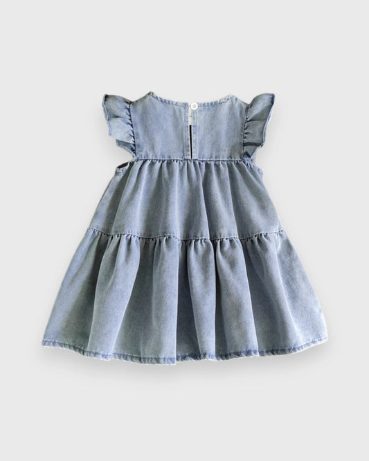 Baby Girl 3D Flower Tiered Denim Dress