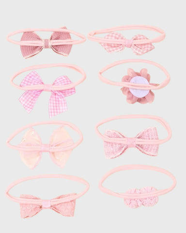8 Pc Pink Soft Elastic Bow Decor Headband