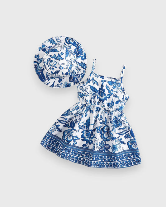 2 Pc Baby Girl Light Weight Vacay Print Dress & Hat Set