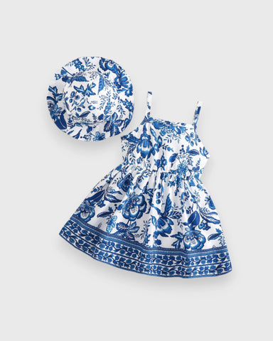 2 Pc Baby Girl Light Weight Vacay Print Dress & Hat Set