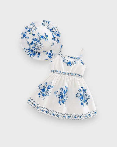 2 Pc Baby Girl Light Weight Vacay Print Dress & Hat Set