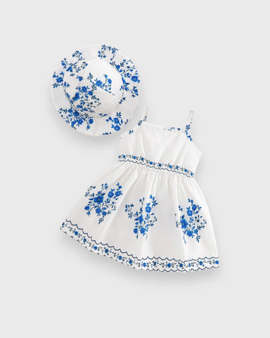 2 Pc Baby Girl Light Weight Vacay Print Dress & Hat Set