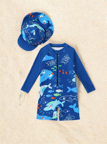 Boys Shark Print Romper Swimsuit