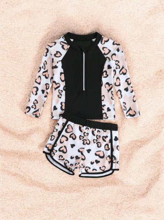 2 Pc Girls Colorblock Leopard Hearts Tankini Swimsuit