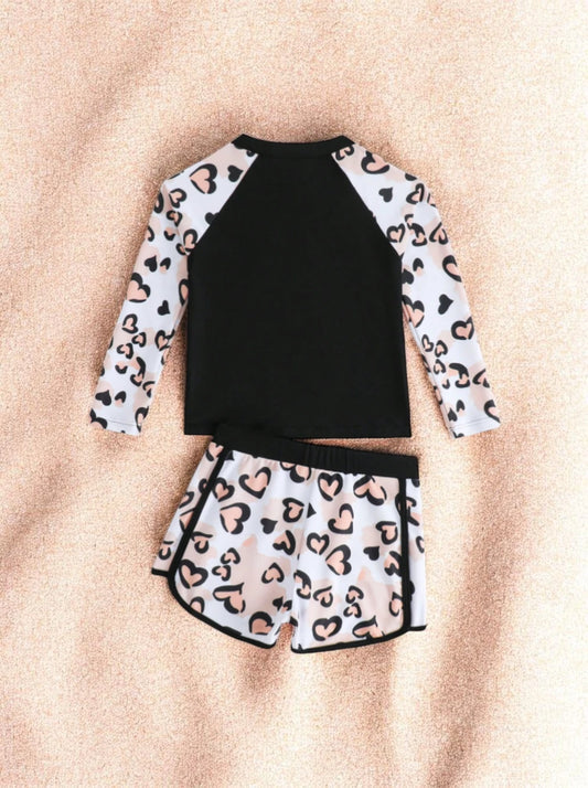 2 Pc Girls Colorblock Leopard Hearts Tankini Swimsuit