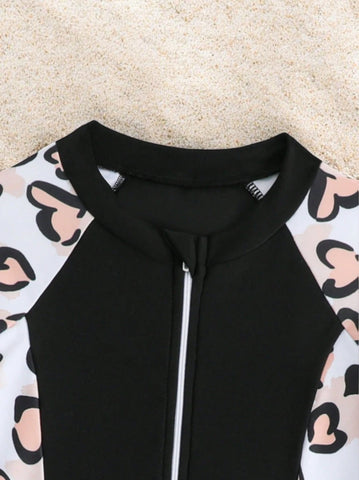 2 Pc Girls Colorblock Leopard Hearts Tankini Swimsuit