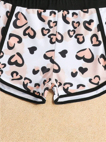 2 Pc Girls Colorblock Leopard Hearts Tankini Swimsuit