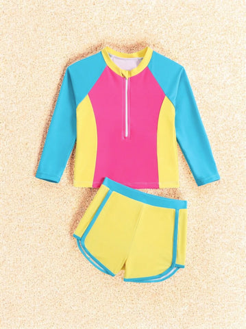 2 Pc Girls Neon Color Block Tankini Swimsuit