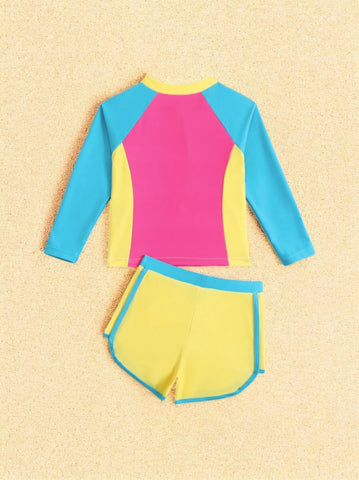 2 Pc Girls Neon Color Block Tankini Swimsuit