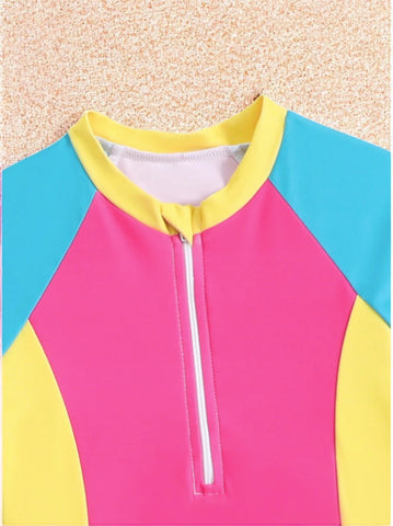 2 Pc Girls Neon Color Block Tankini Swimsuit